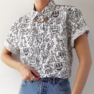 Keith Haring x HM printed white & black short sleeve button down shirt cotton